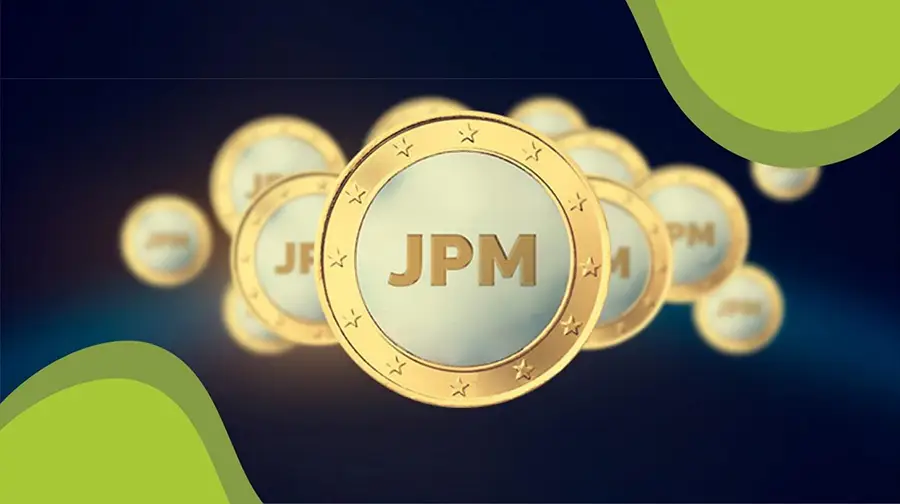 Gold coins with “JPM” written on them, floating against a dark background.