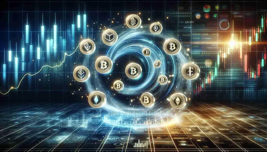 Various cryptocurrency symbols swirling around a digital vortex with financial charts in the background.