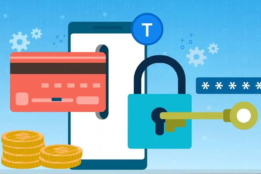 Graphic of a credit card, smartphone, lock, and key symbolizing security and tokenization.