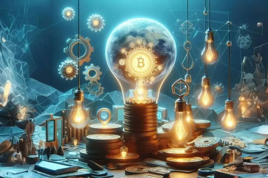 A glowing Bitcoin symbol inside a light bulb surrounded by technological elements.