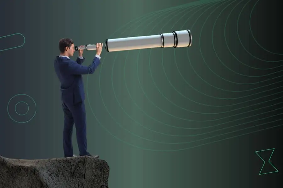 A person in a suit looking through a telescope with abstract lines in the background.