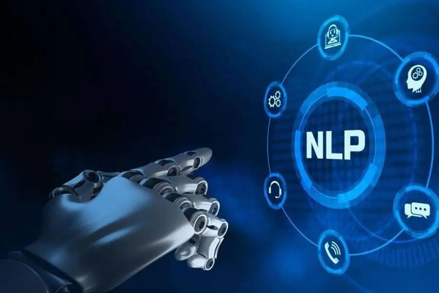 A robotic hand pointing at a digital interface labeled “NLP” with various icons.