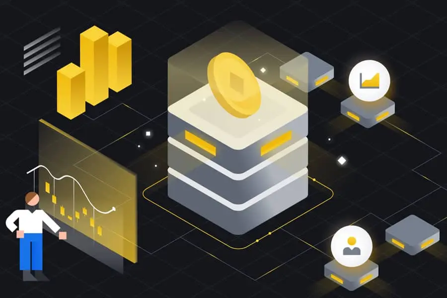 An illustration of a person analyzing data charts with a digital token and abstract icons around them.