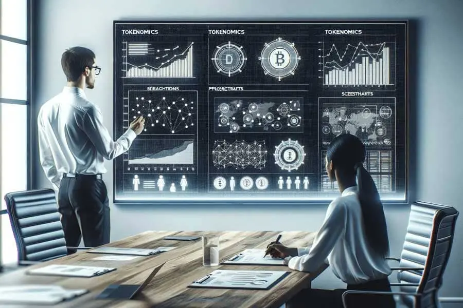 Two professionals analyze charts and graphs on a large screen related to tokenomics and cryptocurrency.