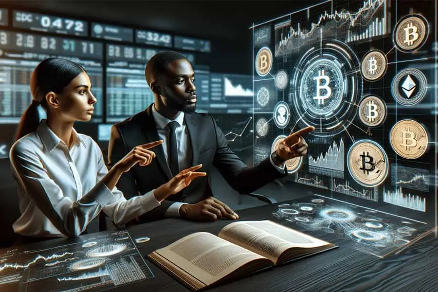 Two professionals discussing digital currency data displayed on a transparent screen with various cryptocurrency symbols.