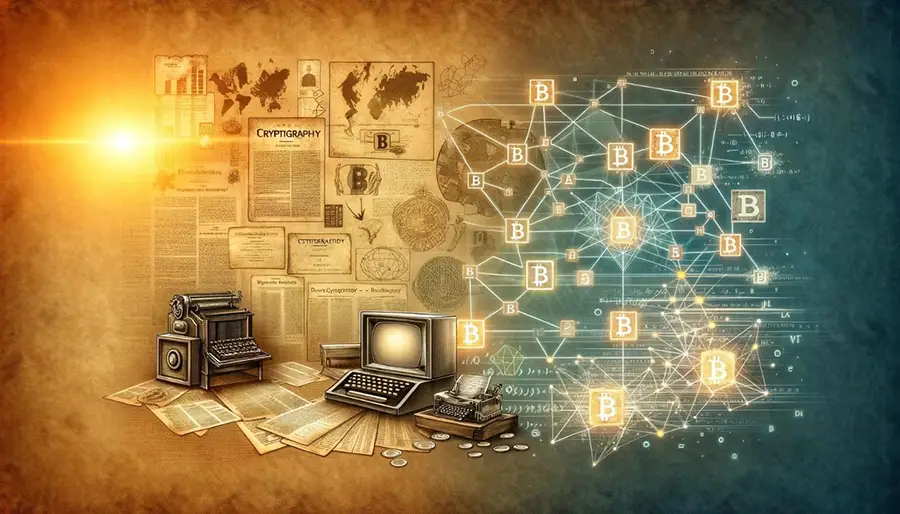 A digital illustration depicting elements of blockchain and tokenization. A person stands on a series of rising platforms, reaching towards floating digital tokens. In the background, graphs and data visualizations suggest financial growth and technology integration.