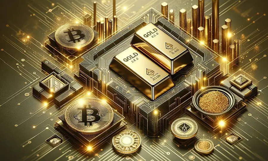 Digital illustration of Bitcoin coins, gold bars, and the Apple logo among abstract skyscrapers.