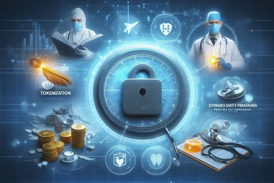 Visual of healthcare professionals, locks, coins, and digital symbols representing tokenization in healthcare.