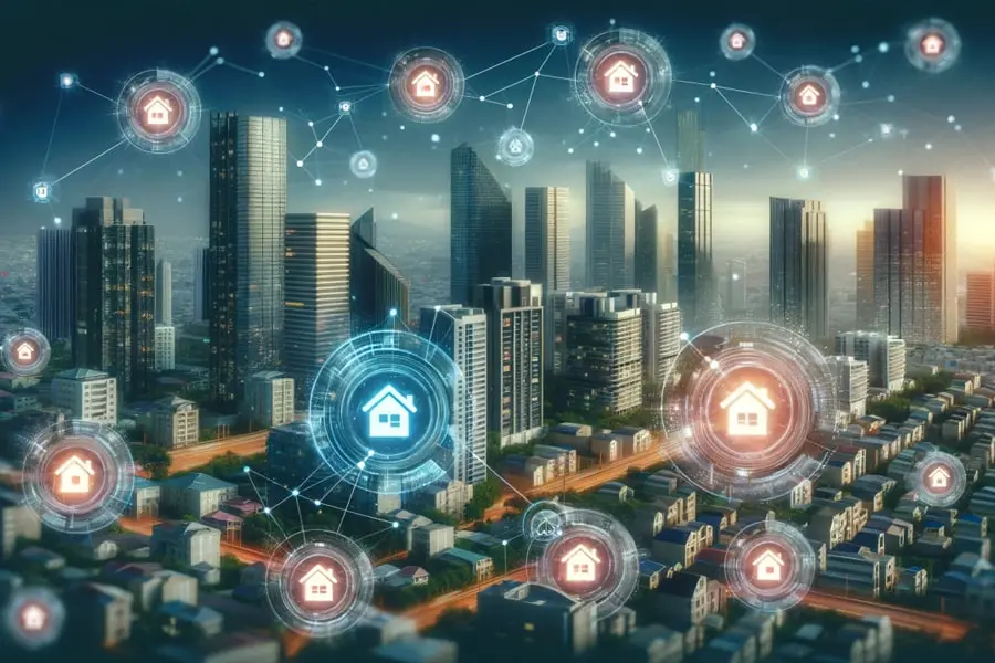 City skyline with digital real estate icons and network connections.