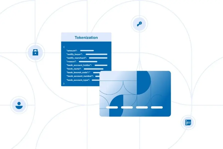 Illustration of a credit card with tokenization code and security icons.