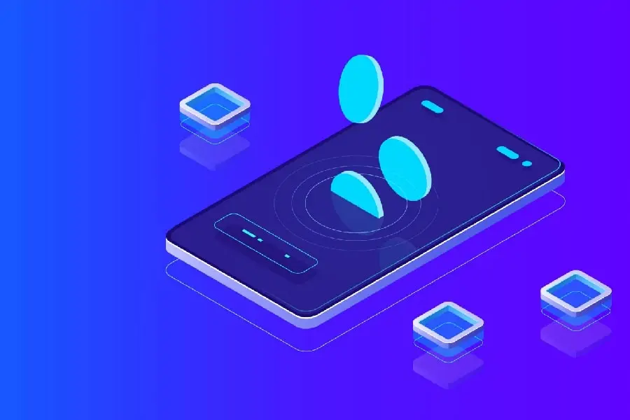 Isometric illustration of a smartphone with digital tokens.