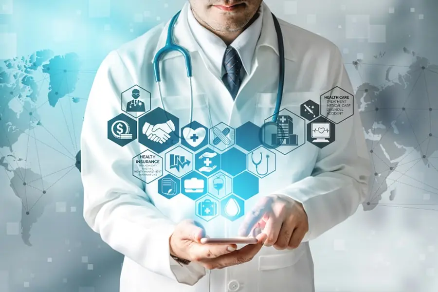 Doctor using a smartphone with healthcare icons and a world map background.