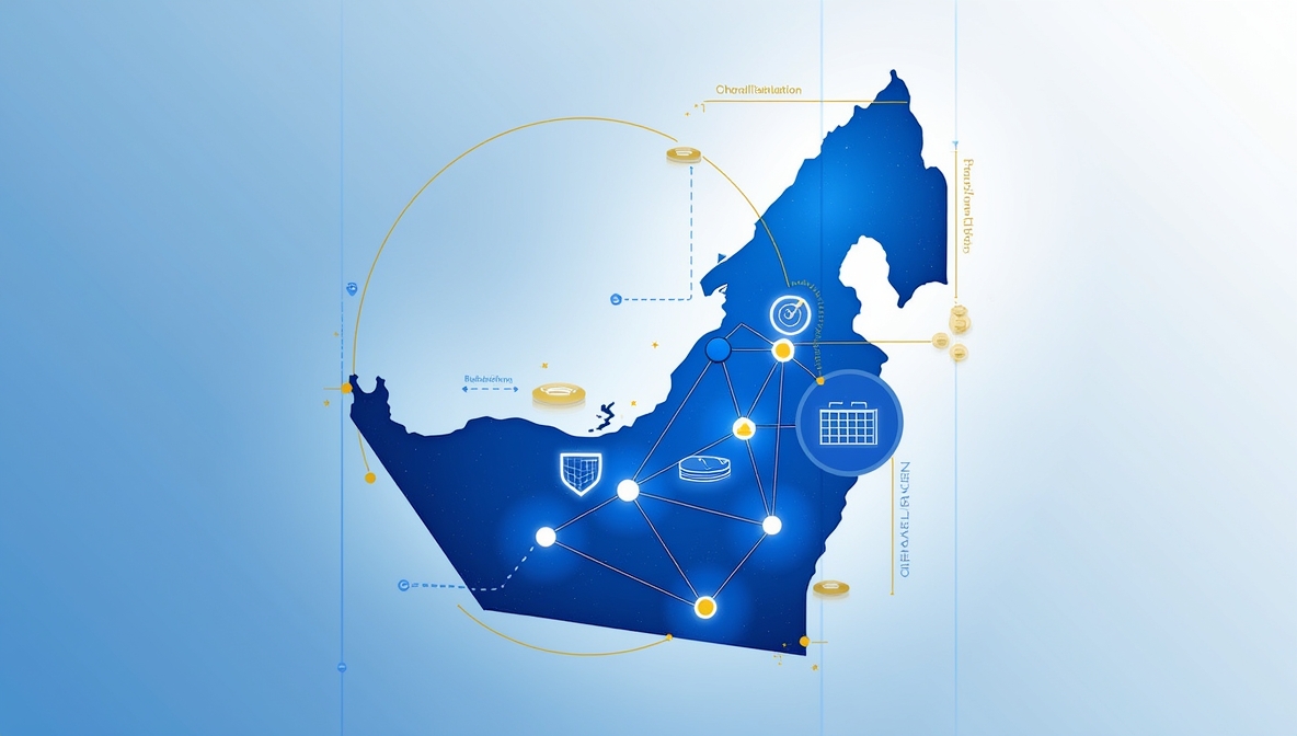 Concept: A modern, official visual representing unified crypto regulation in the UAE. Description: An abstract illustration of the UAE map formed by interconnected digital nodes and blockchain lines, combined with subtle regulatory symbols (shield, checkmark, or framework grid). Clean, professional, fintech-style color palette (blue, white, gold accents). No human figures. Mood: Trust, regulation, innovation, national alignment. UAE Moves Toward a Unified Crypto Future with SCA and VARA Alignment