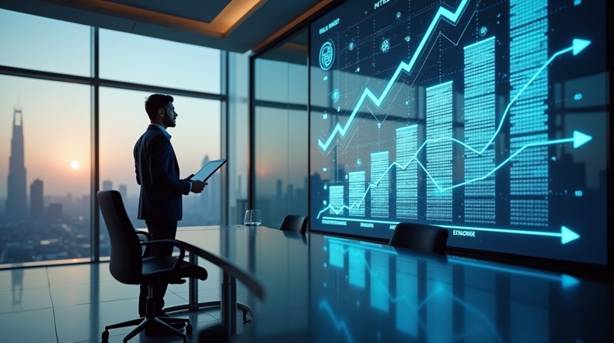Title Image Visual: Executive in a glass office in Dubai or Abu Dhabi, looking at large screens with rising charts and a stylized blockchain network. City skyline in the background. Alt text: Senior executive reviewing tokenization market growth charts in a Dubai financial district office. Text overlay: Tokenization Market. 18.9 Trillion Dollar Opportunity