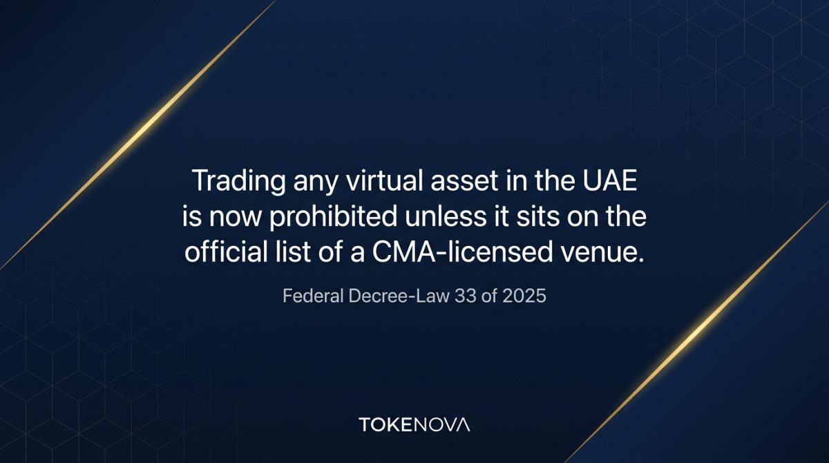 Tokenova social card quoting UAE Federal Decree-Law 33 of 2025 on virtual asset trading."